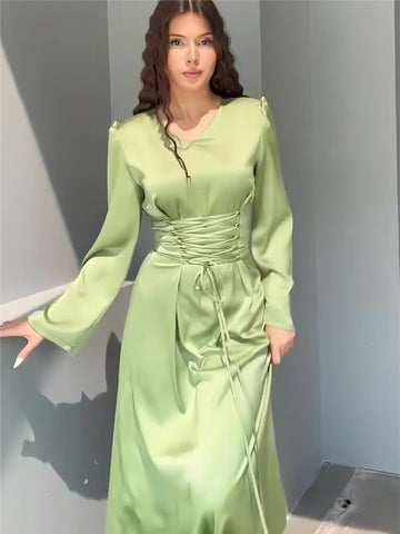 Woochic robe à manches longues col en V cintrée à lacets trapèze vert S